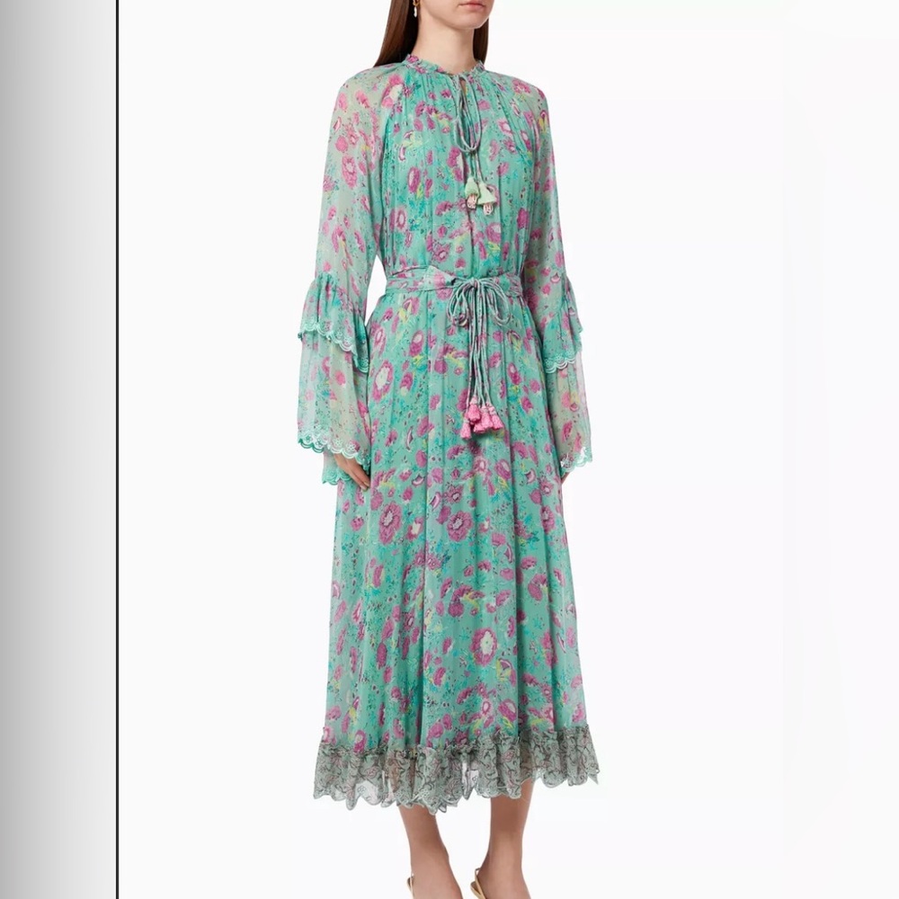 HEMANT & NANDITA Mint Floral Maxi Dress with Pink Accents